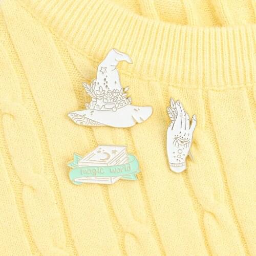 MagicianS Magic Book Wizard Hat Witches & Wizard Enamel Hand Lapel Pins Brooches Background Cartoon Jewelry Gift Accessories