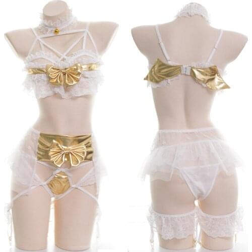 Little Golden Devil Girl Sexy Cute Womens White Lace Sleepwear Wings Lingerie Set Exotic Apparel