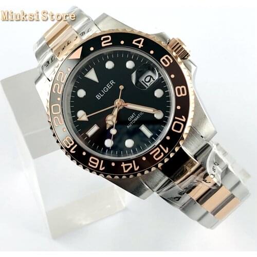 Bliger 40mm mens top business watch GMT black dial sapphire glass ceramic bezel date window luminous automatic mechanical watch
