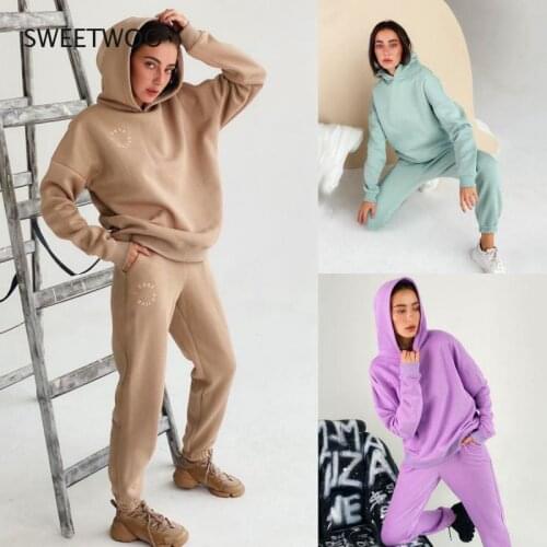 2021 Autumn and Winter Two-Piece Womens Fashion Solid Color Hooded Sweater Solid Color Casual Two-Piece Suit