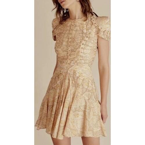 Autumn fashion celebrity New style heavy industry printing round neck short sleeve slim all around dress