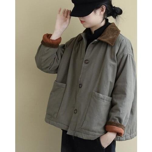 New Arrival Winter Korean Style Women Casual Loose Turn-down Collar Long Sleeve Parka Single Breasted Cotton Pocket Coat W578