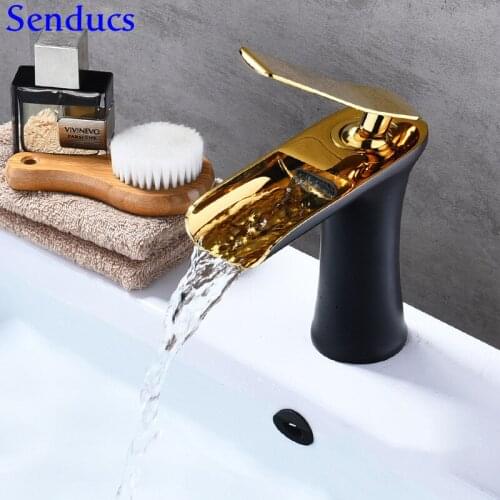 Senducs Black Gold Bathroom Basin Faucet Quality Brass Black Gold Bathroom Waterfall Faucet Deck Mounted Hot Cold Water Tap