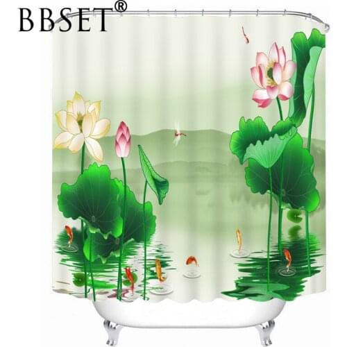 Top Quality Shower Curtain Lotus Leaf Lotus and Fish In The Pond Pattern Waterproof Multi-size Douchegordijn Bathroom Decor