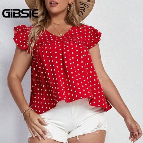 GIBSIE Polka Dot V Neck Ruffle Sleeve Blouse Plus Size xxxl 4xl Women Summer Boho Casual Loose Tops Female Clothes New 2021