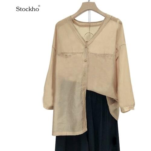 Womens Summer Chiffon Shirt V-Neck Long-Sleeved Womens Casual Plus Size Shirt 2021 Fashion Tencel All-Match Top 18-45Y