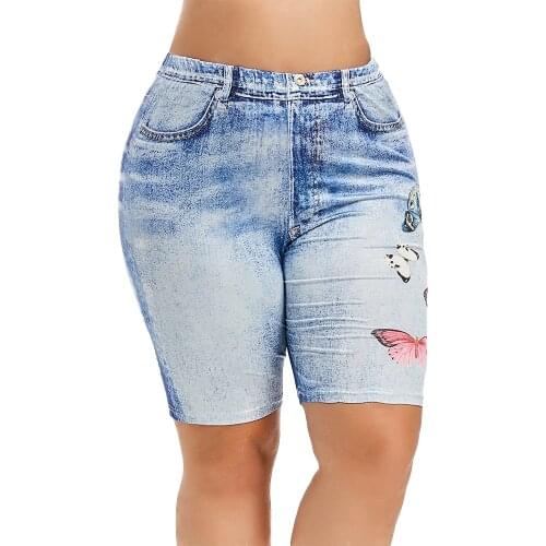 Plus Size Women Fitness Short Leggings Faux Denim Ladies Elastic Short Pants Floral Printed High Waist Female Skinny Shorts