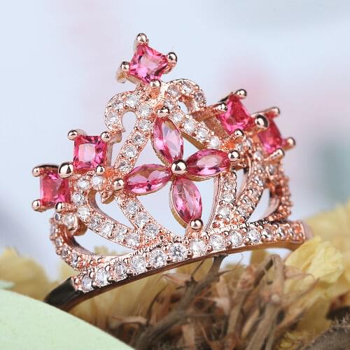 Colorful Crown Flower Shape Wedding Rose Gold Ring for Women Micro-inlaid Simulation Zircon Ring Jewelry Engagement Love Ring