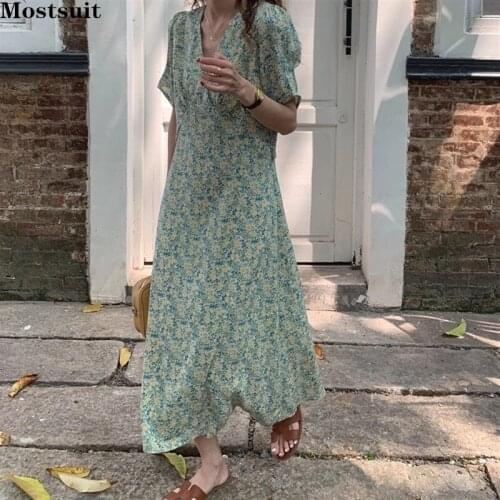 Summer Elegant Floral Dress For Women Short Sleeve V-neck Tunic Long Korean Dresses Party Night Vestido Mujer 2021