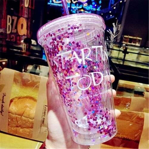 1Pcs New Candy Colors 450ml Milk Smoothie Iced Coffee Juice Water Plastic Drink Bottle Strawberry Crushed ice Drinkware