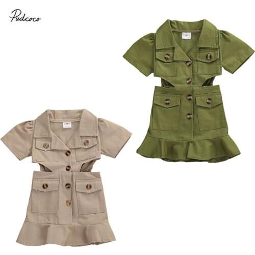 2020 2-7Y Cool Girls Dress Toddler Baby Girls Summer Solid Pockets Short Sleeve Sleeve Hollow Button A-Line Dress Kids Outfits