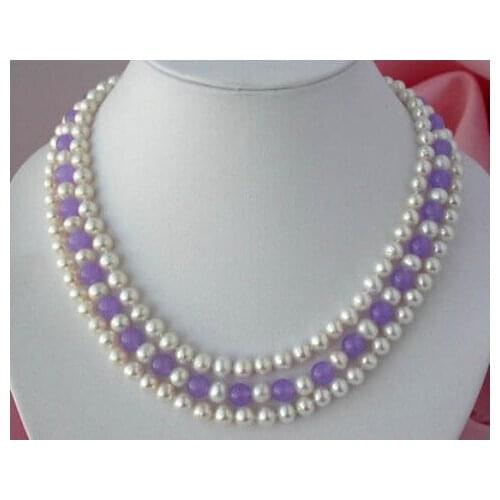 3strands 7-8MM white round freshwater akoy pearl 8MM jade necklace 17-19"AA