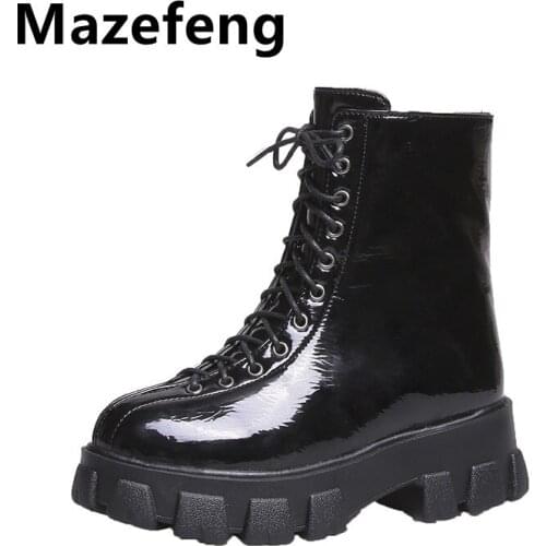 Mazefeng White Black PU Leather Ankle Boots Women Autumn Winter Round Toe Lace Up Shoes Woman Fashion Motorcycle Platform Botas