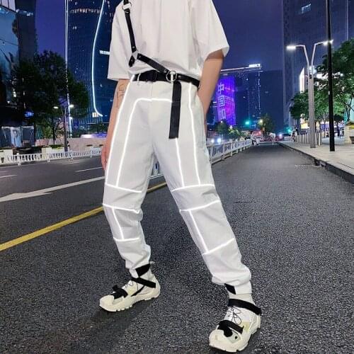 2021 New Reflective Strip Belt Casual Pencil Pants Male Women Streetwear Hip Hop Harem Pant Couple Jogger Sweatpants Trousers