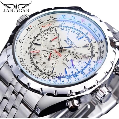 Jaragar White Dial Automatic Watch Complete Calendar Silver Stainless Steel Luminous Business Sport Mechanical Date Wristwatch