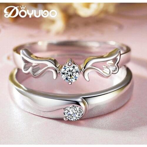 DOYUBO Hot Sale Lovers Sterling Silver Double Wings Rings With White Cubic Zircon Fashion Silver Couples Ring Fine Jewelry VB229