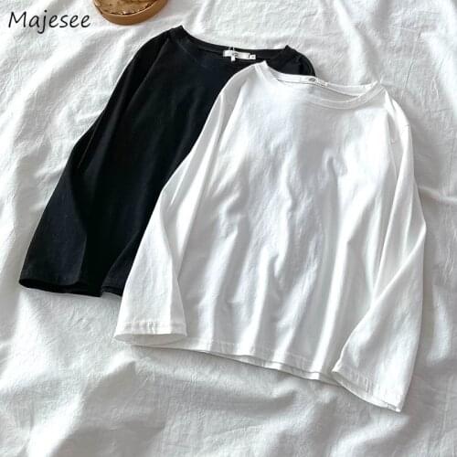 Long Sleeve T-shirts Women Pure Simple Black White Basic Color All-match Cotton Soft High Quality Loose Chic Female Classic Tees