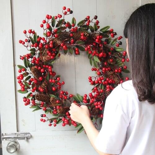 Artifical Cherry Pattern Wreaths Christmas Wreath Red Door Wreath Wall Hanging Garland Ornaments Rattan Circle Wall Decoration