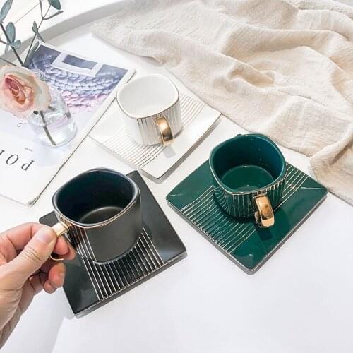 Creative Square Ceramic Coffee Set Light Luxury Nordic Style 200ml Coffee Cup and Saucer for Tea Time Retro Style