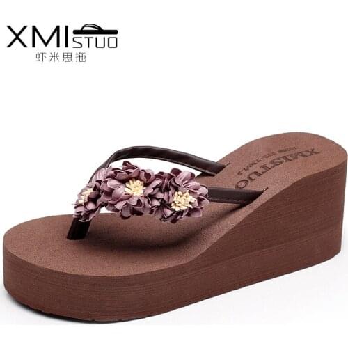 Summer Beach Thick bottom flip flops PU High heel Daisy Flowers Footwear shoes flip flop Female Muffin cake slippers