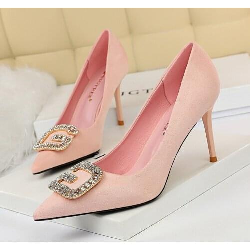 Korean fashion sexy banquet womens shoes fine with suede shallow mouth pointed high heel metal rhinestone buckle single shoes 963-2