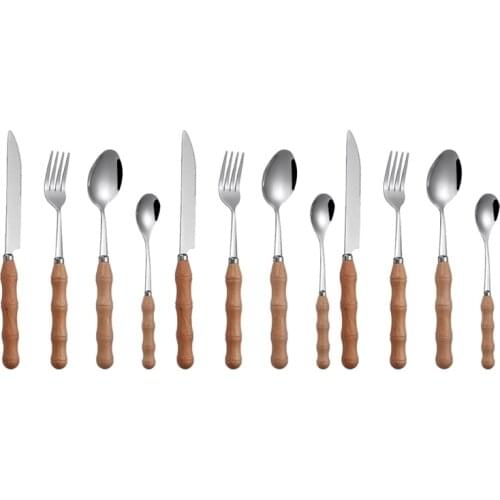 12 Pcs Bamboo Wood Flatware Set,Stainless Steel Cutlery Set,Wooden Handle Flatware,Dinner Knife Dinner Fork Dinner Spoon