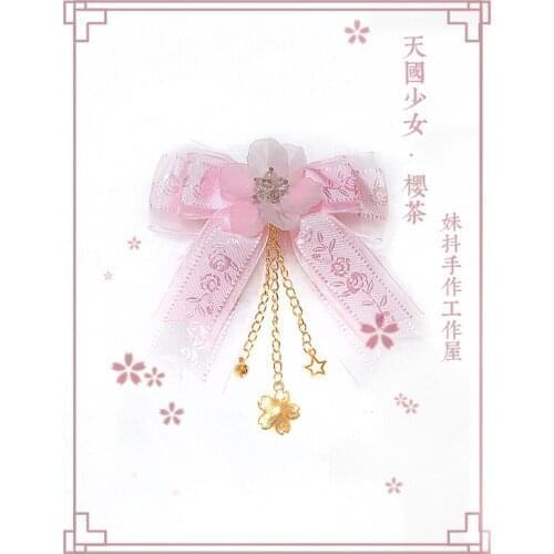 Heaven Girl Cherry Tea Cute Handmade Headwear Hairpin Hairgrip Hairclip Lolita Bow Sakura Flower Sweet Original Design