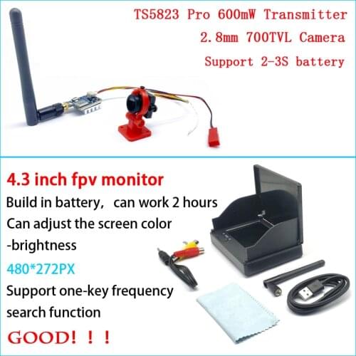 5.8G 600mW Transmitter with 120degree 2.8mm 700TVL Camera Support 2-3S Battery and 4.3Inch Monitor or 5.8G FPV Receiver For RC
