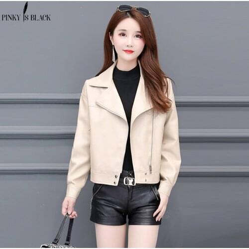PinkyIsBlack New Spring Autumn Faux Leather Jacket Women Zipper Basic Coat Turn-down Collar Loose Motorcycle Jacket With Belt