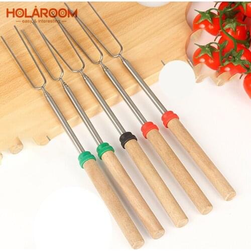 Practical Stretchable BBQ Fork With Wood Handle Durable Stainless Steel Telescoping Roasting Forks For Camping Campfire Kitchen