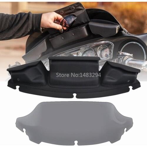 3Pockets Fairing Pouch Windshield Bag Clamps Storage Bags + 7" Smoked Tint Wave Windshield Fit For Harley Touring Glide 14-Up