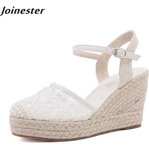 Women Summer Wedge Pumps Lace Air Mesh Sandals Ladies Ankle Strap Fisherman Sandal chaussure femme Straw Braided Female Wedges