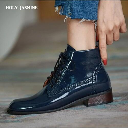 Quality Women Genuine Leather Ankle Boots Round Toe Lace Up Riding Boots Warm 2020 Autumn Winter New Nigh Club Punk Shoes Woman