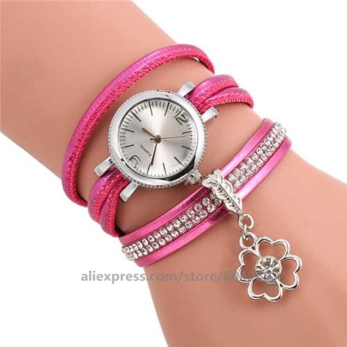 Women leather flower pendant rhinestone leather watch wrap around elegance long thin wristwatch for women long watches
