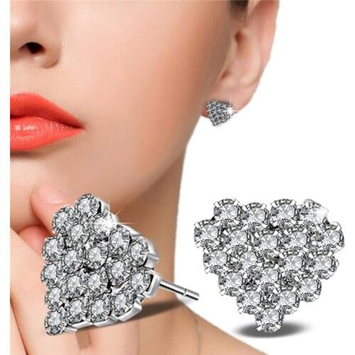KOFSAC Cute Girl Love Heart Crystal Earring 925 Sterling Silver Jewelry Luxury AAA CZ Bridal Wedding Stud Earrings For Women