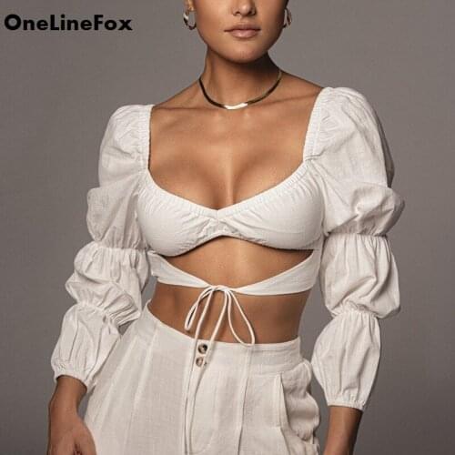 OneLineFox Womens Puff Sleeve Top Fall Linen Blouse Cut Out Tie Up V Neck Sweet Crop Top Elastic Slim Fit Blusas Fashion Tops