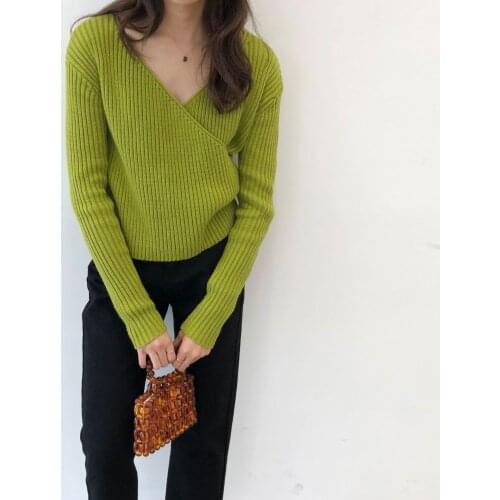 Ribbed Split Wrap Over Sweater Women Knitted Wraped Pullover Sweaters Jumper