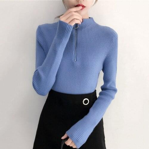Korean Knitted Turtleneck Sweater Women 2020 Autumn Winter Zipper Up Solid Color Slim Knitting Pullovers Big Size Pull Femme