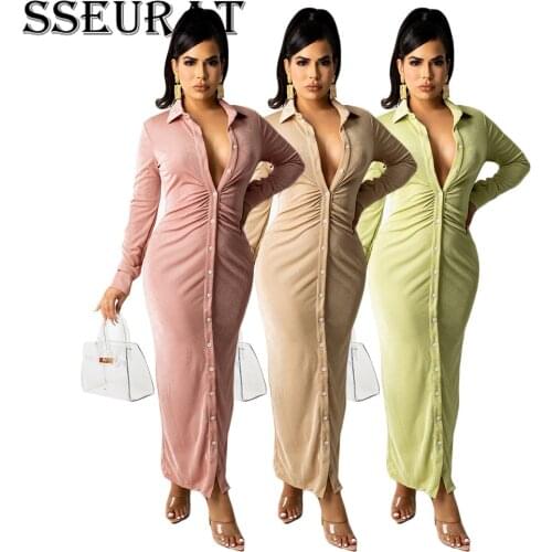 SSEURAT Women Long Dress Solid Full Sleeve Turn-down Collar Single Breasted Skinny Dresses Office Lady Vestidos Autumn