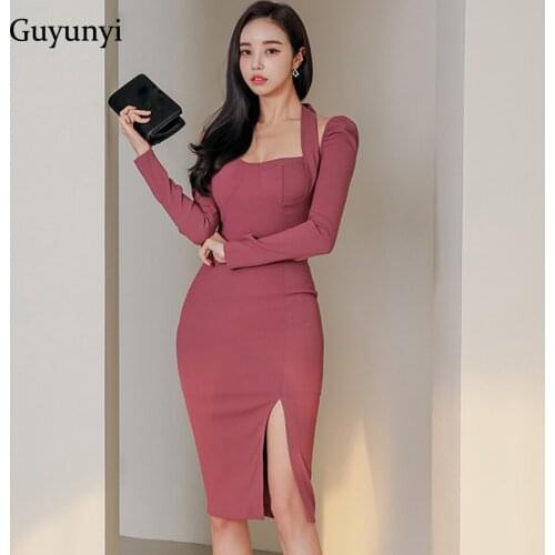 Temperament Office Lady Dress 2021 Autumn Simple Burgundy Lace-Up Halter Neck High Waist Tight Slit Elegant Party Dress Women