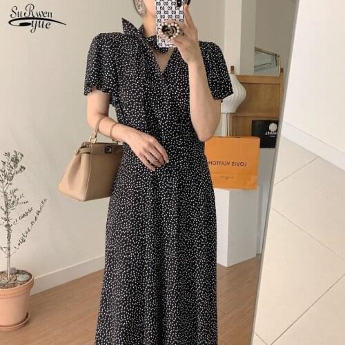 2021 Polka Dot Summer Dress Office Lady Elegant Party Dress Women Clothing Short Sleeve Chiffon Long Dresses Robe Femme 13638