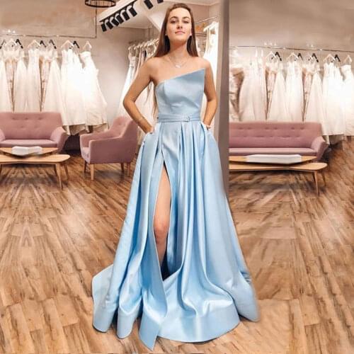 Sky blue satin Prom party side slit evening dresses vestido de noiva sereia robe de soiree vestido novia playa formal pockets