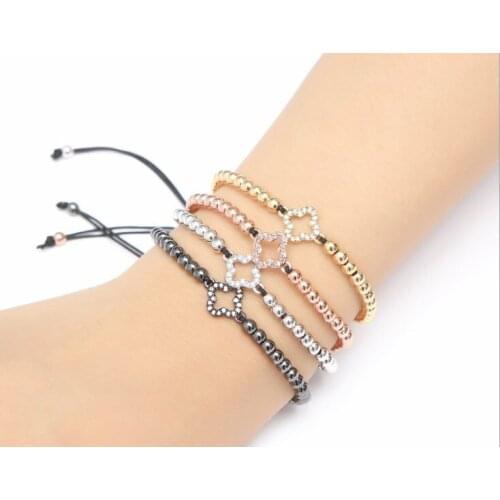 Gold silver micro pave cz Cubic Zirconia rope adjusted Copper Beads Bracelet hfg3 clover Charm Braided Bangles Women