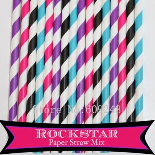 100pcs Mix Colors Girl Rockstar Paper Straws,Hot Pink,Black,Teal Blue,Purple Striped Paper Drinking Straws,Birthday Party Retro