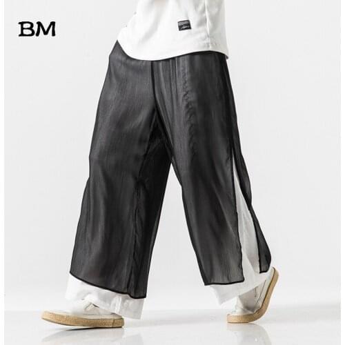 2020 Chinese Style Hanfu Cotton Linen Trousers Tang Suit Patchwork Wide Leg Pants Loose Straight Casual Trousers Zen Clothing