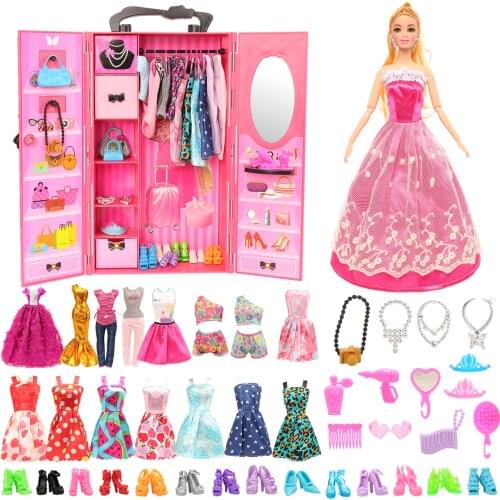 Fashion 73 Items/Set=Dollhouse Furniture Wardrobe +16 Clothes +10 Shoes +10 Hanger +10 Bags +26 Accessories For Barbie DIY Game