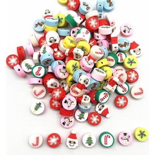 30pcs 10mm Christmas Pattern Beads Polymer Clay Spacer Loose Beads for Jewelry Making DIY Handmade Bracelet Accessories