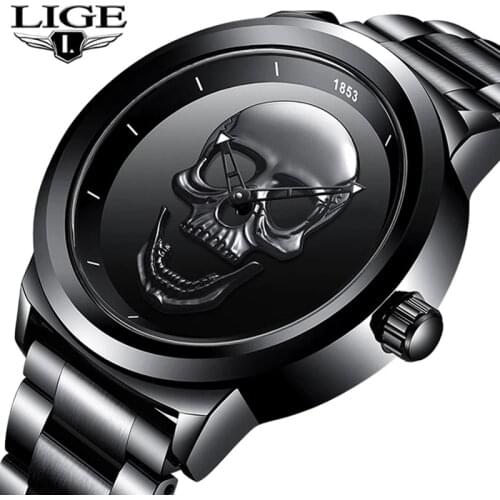 Men 3D Skull Watch LIGE Top Brand Quartz Stainless Steel Watchs Men Fashion Business Waterproof Creative Clock Relogio masculino