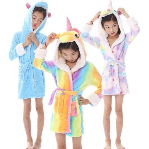 Kids Unicorn Pajamas for Girls Children Rainbow Star Fleece Hood Bathrobe Winter Boys Girl Satin Robe Boy Spa Towel Bath Robe