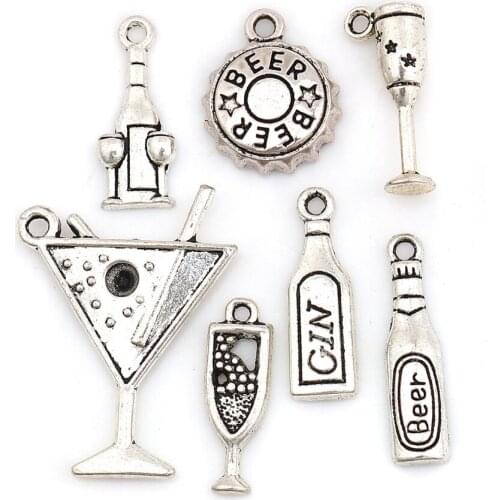 DoreenBeads Fashion Zinc Based Alloy Pendants Wine Glass Silver Color Mixed DIY Charms 3x2.3cm - 1.8x1.4cm, 1 Set ( 7 PCs/Set)